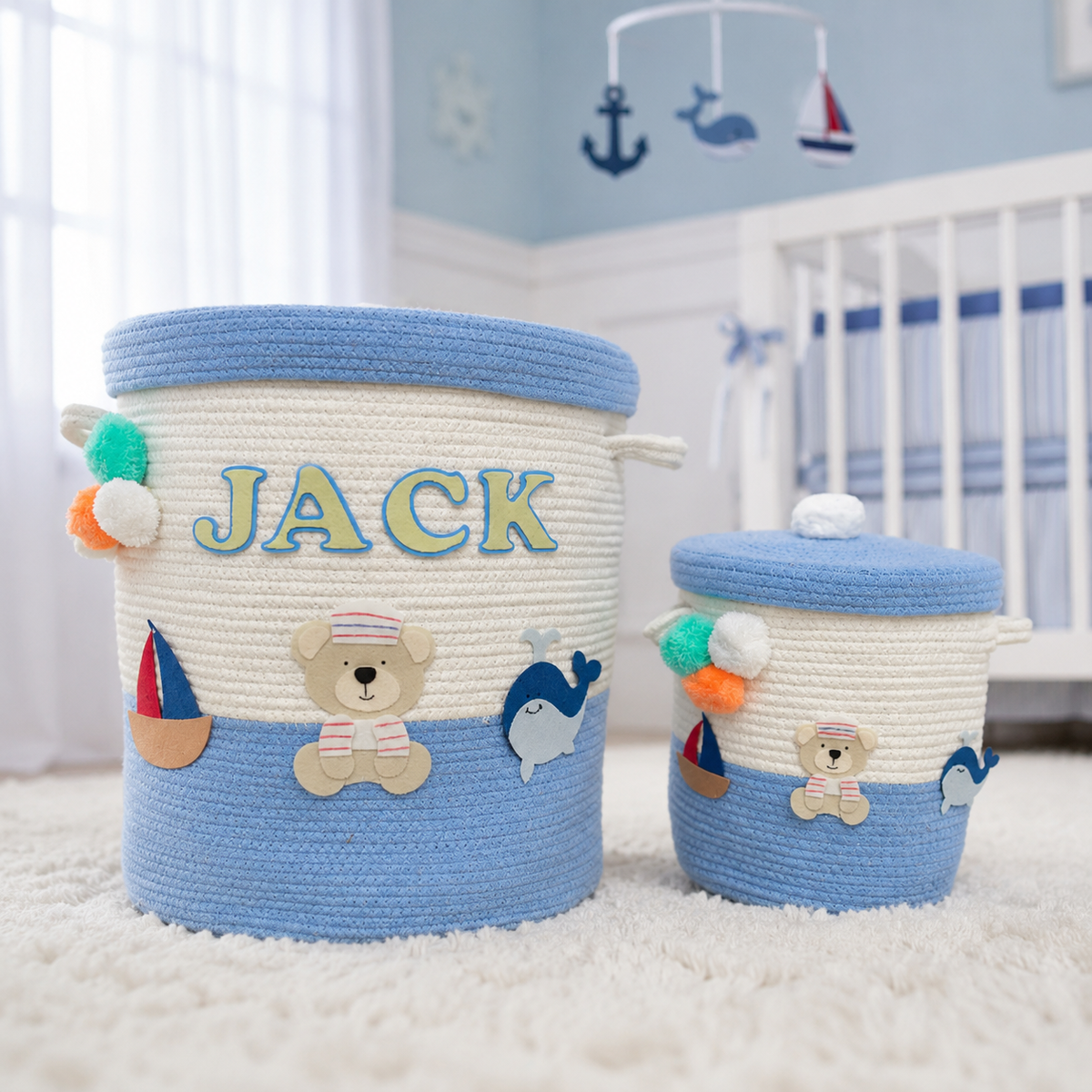 Babble Wrap Jute Cotton Storage Basket with Lid- Seaside Skies