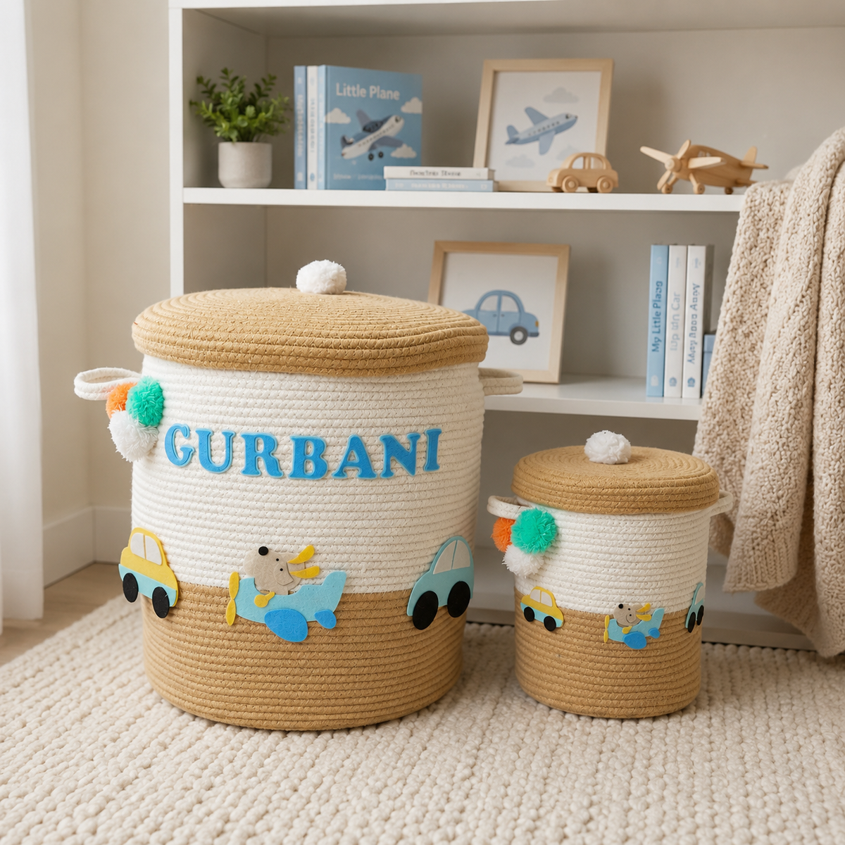 Babble Wrap Jute Cotton Storage Basket with Lid-Wings & Wheels Wonderland