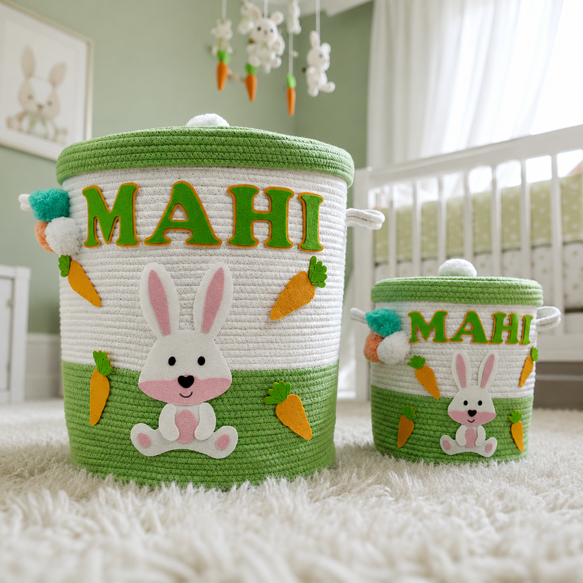 Babble Wrap Jute Cotton Storage Basket  with Lid -Bunny Bounty