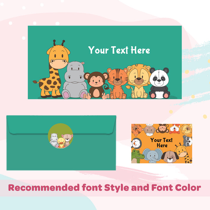 PERSONALISED GIFT ENVELOPES, CARDS & STICKERS COMBO -  CUTE BABY ANIMALS, SET OF 130
