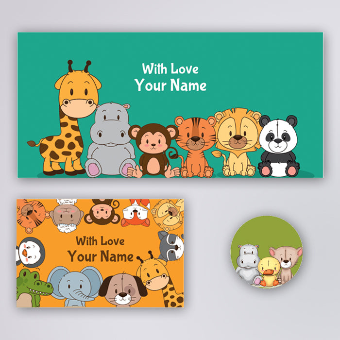 PERSONALISED GIFT ENVELOPES, CARDS & STICKERS COMBO -  CUTE BABY ANIMALS, SET OF 130