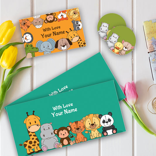 PERSONALISED GIFT ENVELOPES, CARDS & STICKERS COMBO -  CUTE BABY ANIMALS, SET OF 130