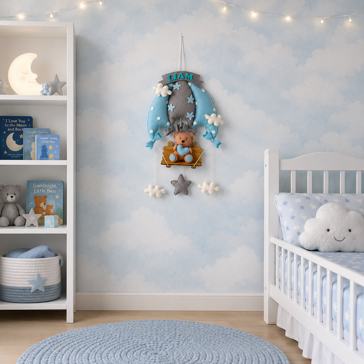 Babble Wrap Blue Teddy On a Swing Name Hanging