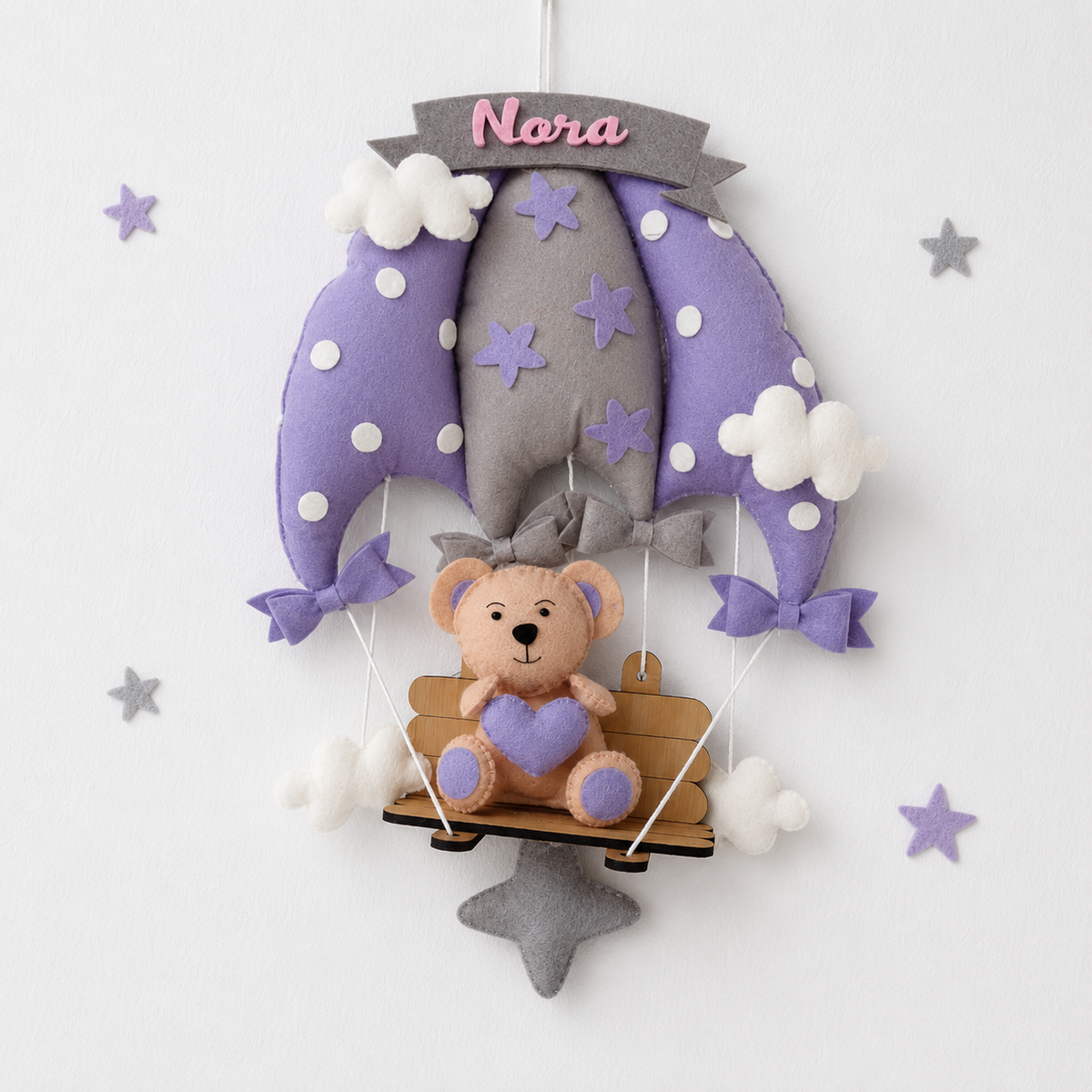 Babble Wrap Dreamy Lavender Teddy On a Swing Name Hanging