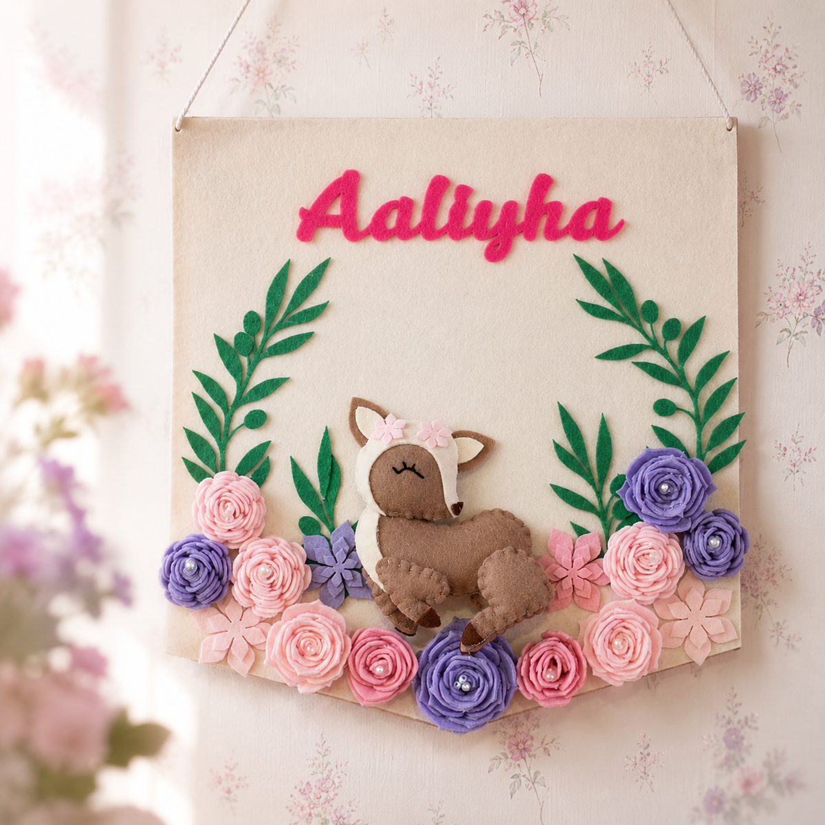 Babble Wrap Floral Fawn Name Hanging