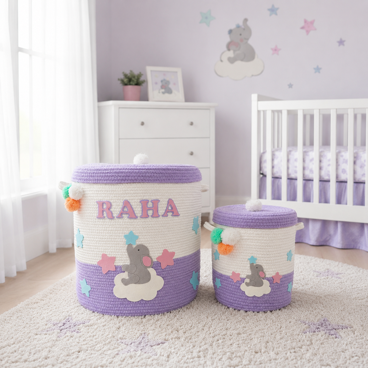 Babble Wrap Jute Cotton Storage Basket with Lid- Ellie on a cloud