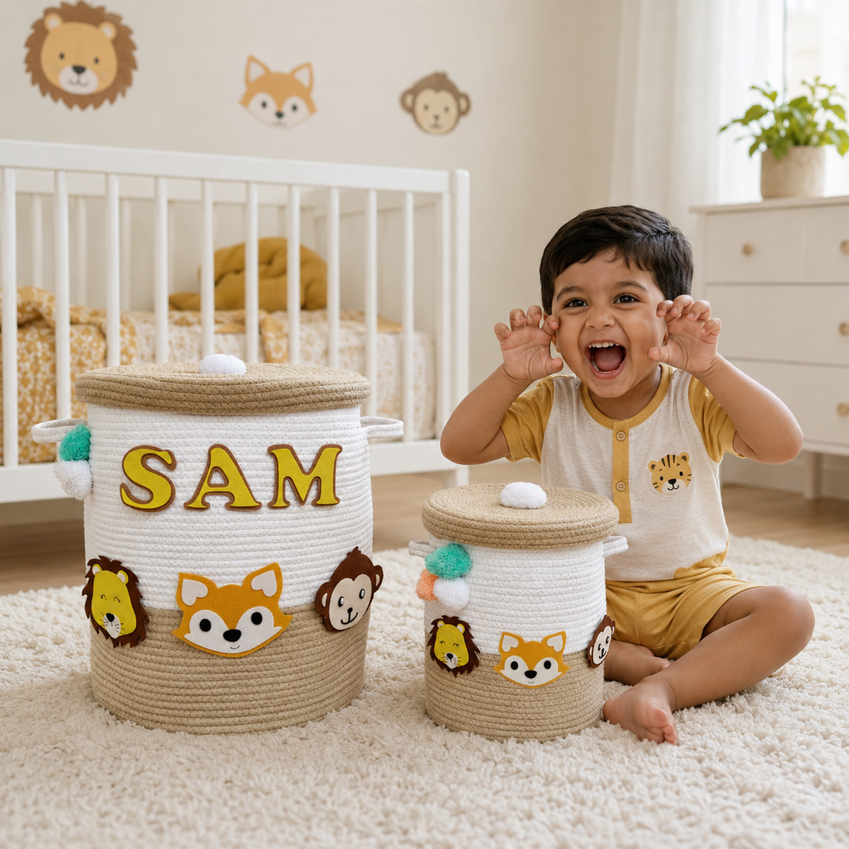Babble Wrap Jute Cotton Storage Basket with Lid - Safari Snuggles