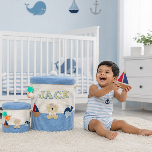 Babble Wrap Jute Cotton Storage Basket with Lid- Seaside Skies