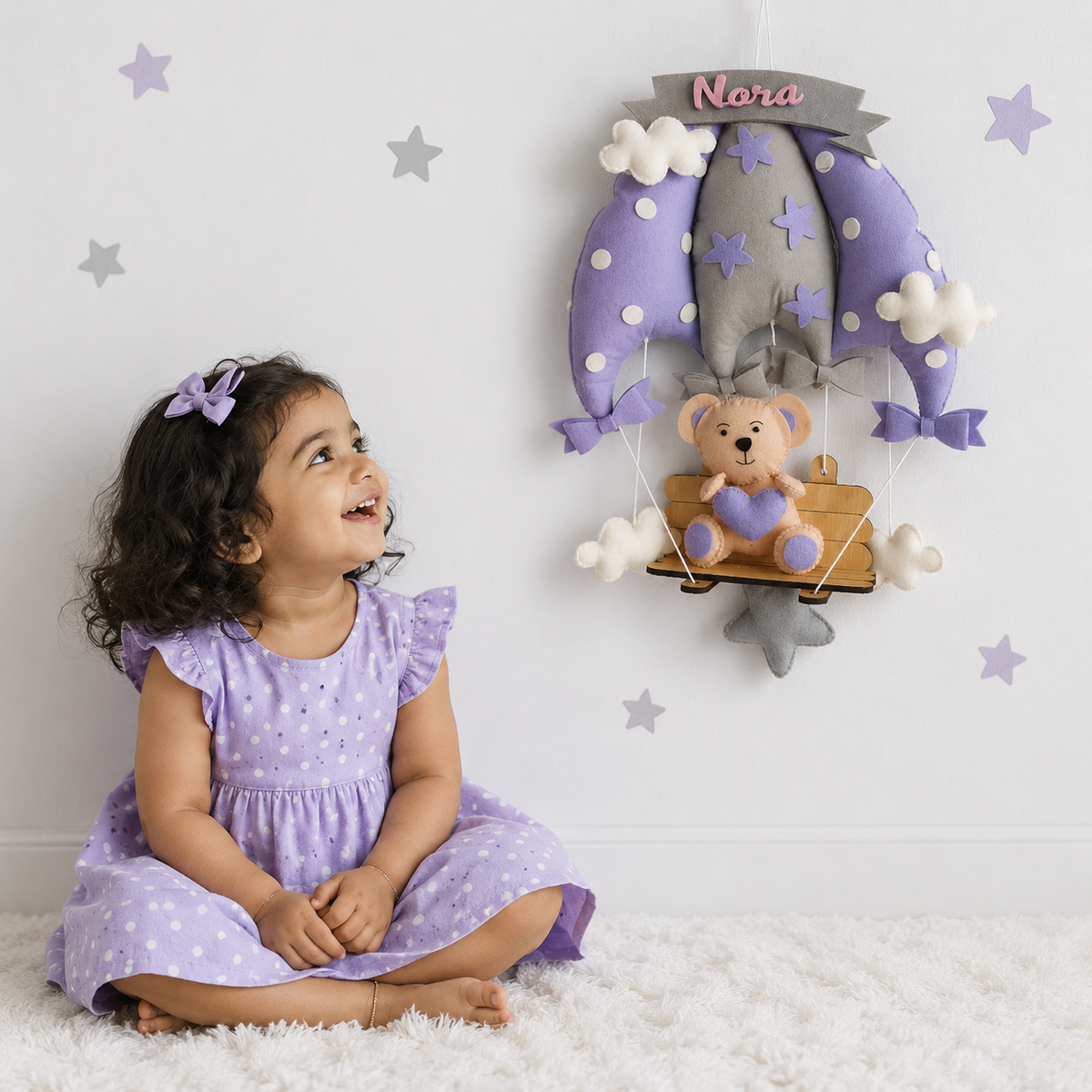 Babble Wrap Dreamy Lavender Teddy On a Swing Name Hanging