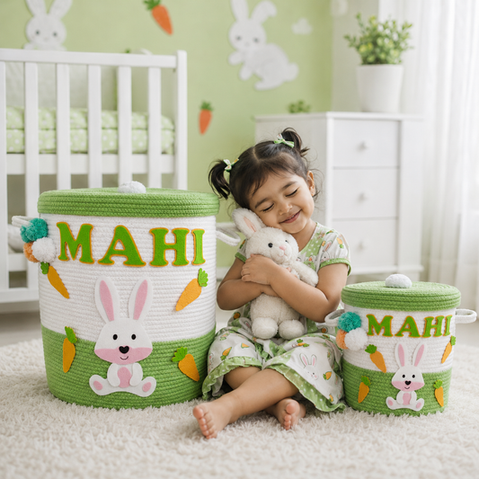 Babble Wrap Jute Cotton Storage Basket  with Lid -Bunny Bounty