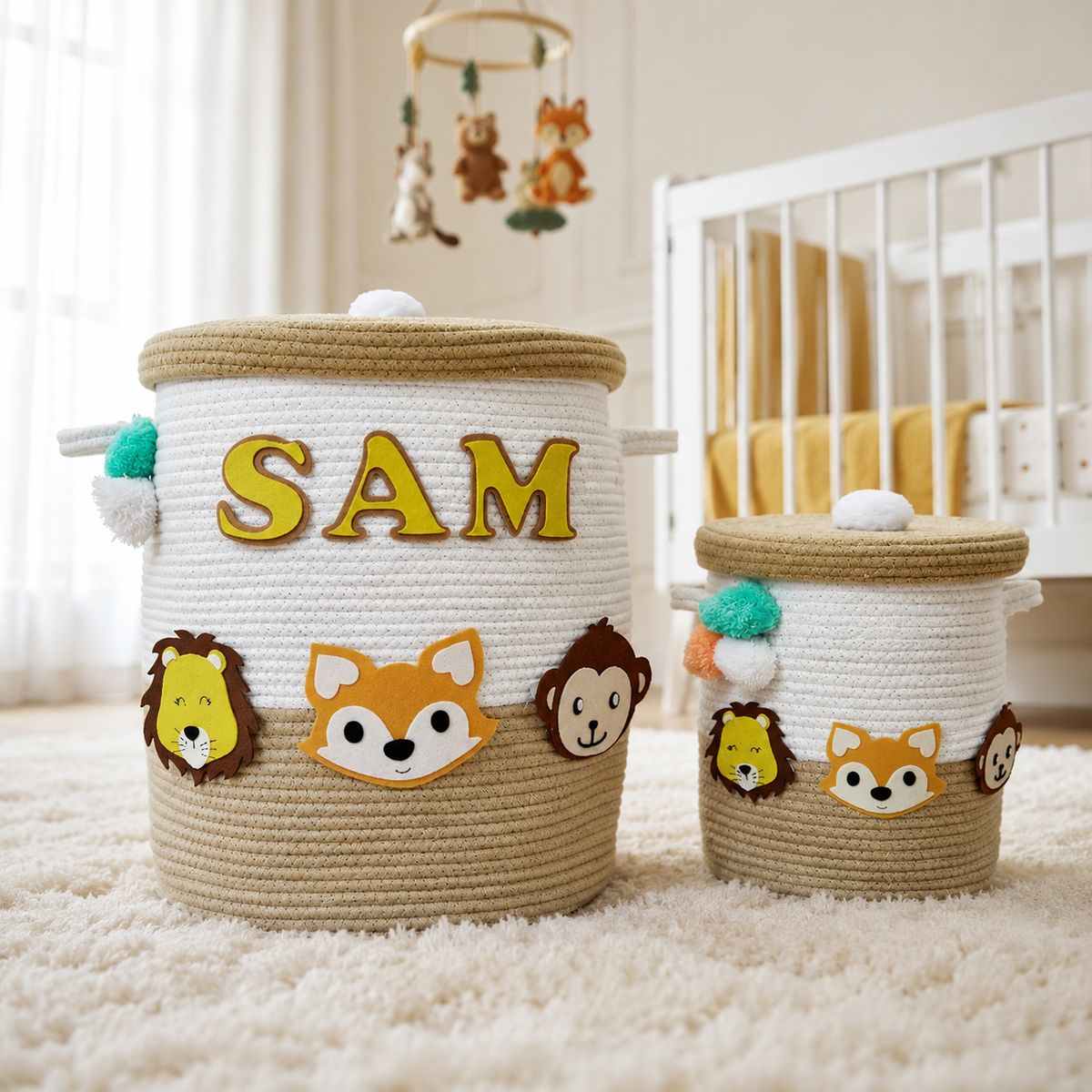Babble Wrap Jute Cotton Storage Basket with Lid - Safari Snuggles