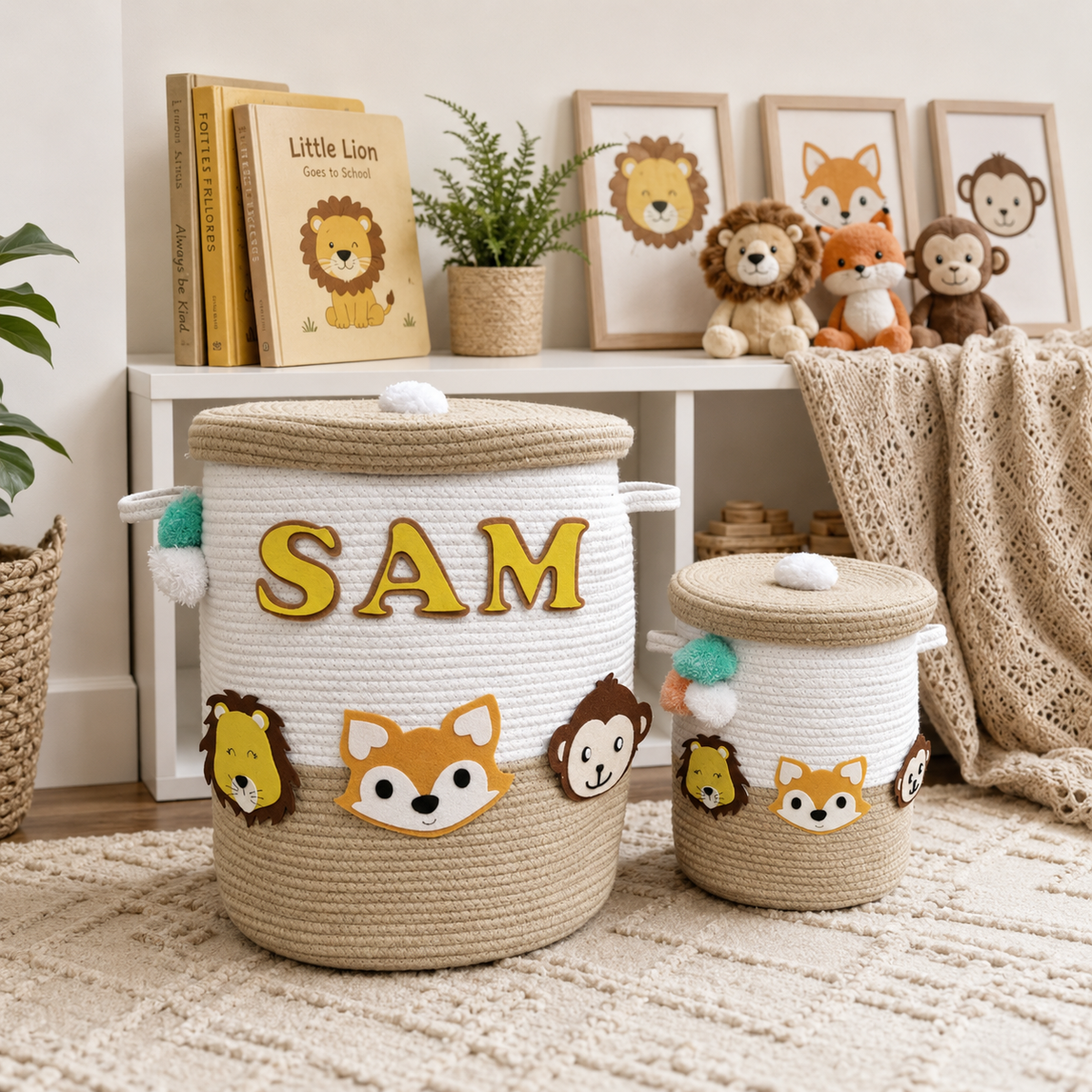 Babble Wrap Jute Cotton Storage Basket with Lid - Safari Snuggles