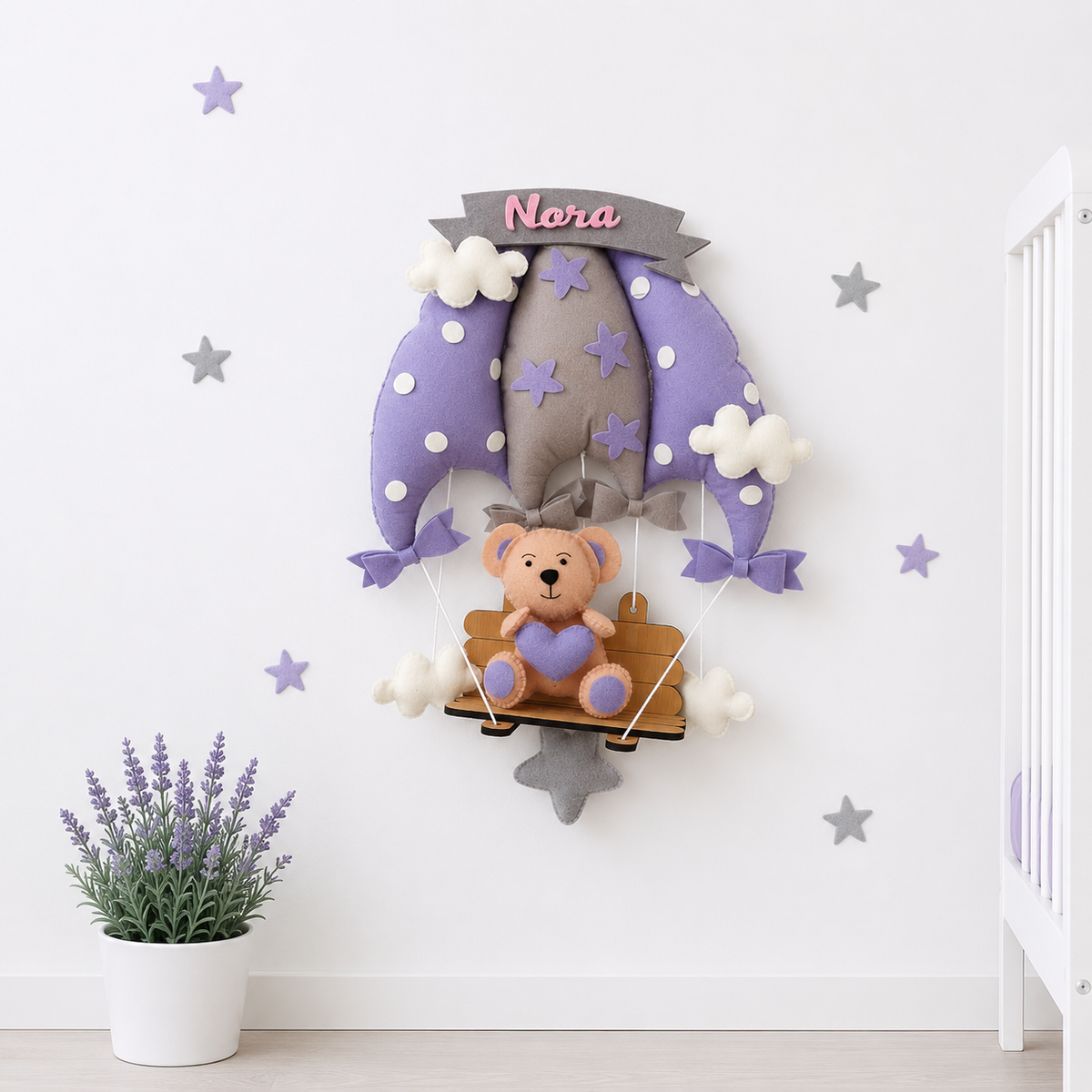 Babble Wrap Dreamy Lavender Teddy On a Swing Name Hanging