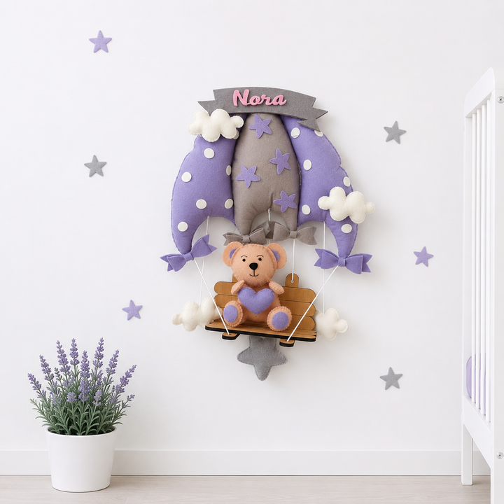 Babble Wrap Dreamy Lavender Teddy On a Swing Name Hanging