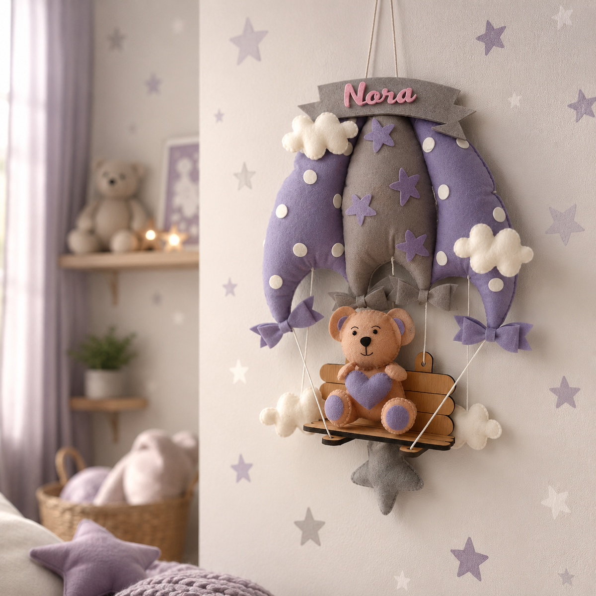 Babble Wrap Dreamy Lavender Teddy On a Swing Name Hanging