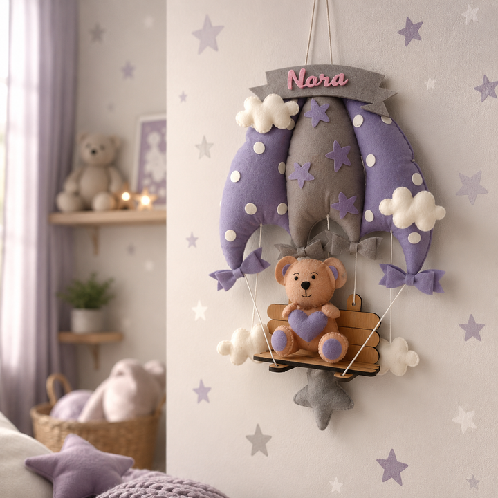 Babble Wrap Dreamy Lavender Teddy On a Swing Name Hanging