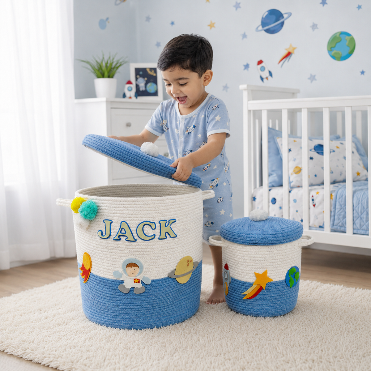Babble Wrap Jute Cotton Storage Basket with Lid- Little Voyager