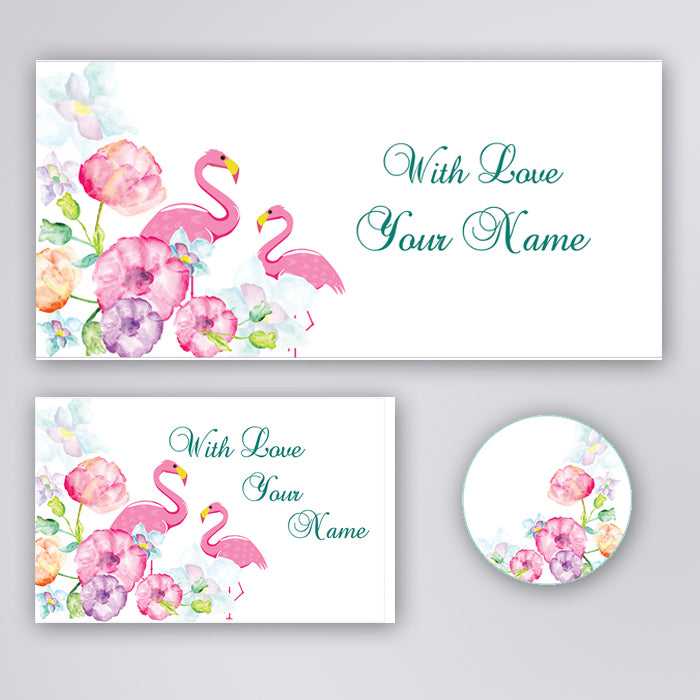 PERSONALISED GIFT ENVELOPES, CARDS & STICKERS COMBO - FLAMINGO BIRD, SET OF 130
