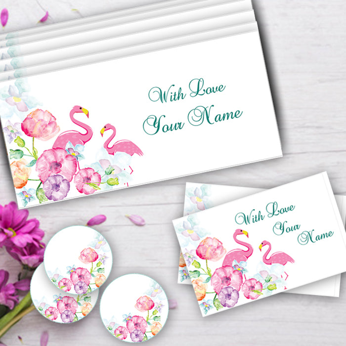 PERSONALISED GIFT ENVELOPES, CARDS & STICKERS COMBO - FLAMINGO BIRD, SET OF 130
