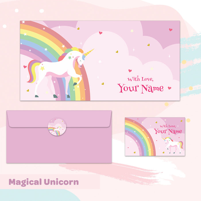 PERSONALISED GIFT ENVELOPES, CARDS & STICKERS COMBO - MAGICAL UNICORN, SET OF 130