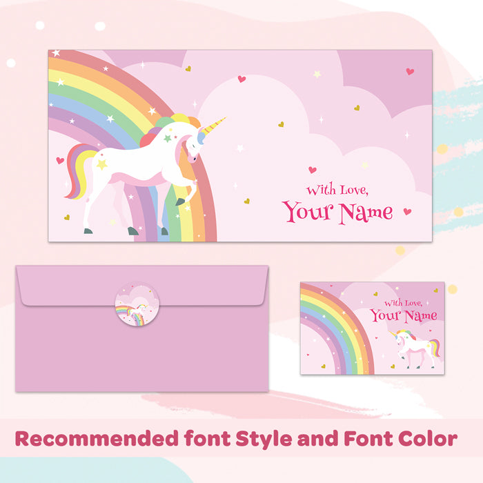 PERSONALISED GIFT ENVELOPES, CARDS & STICKERS COMBO - MAGICAL UNICORN, SET OF 130