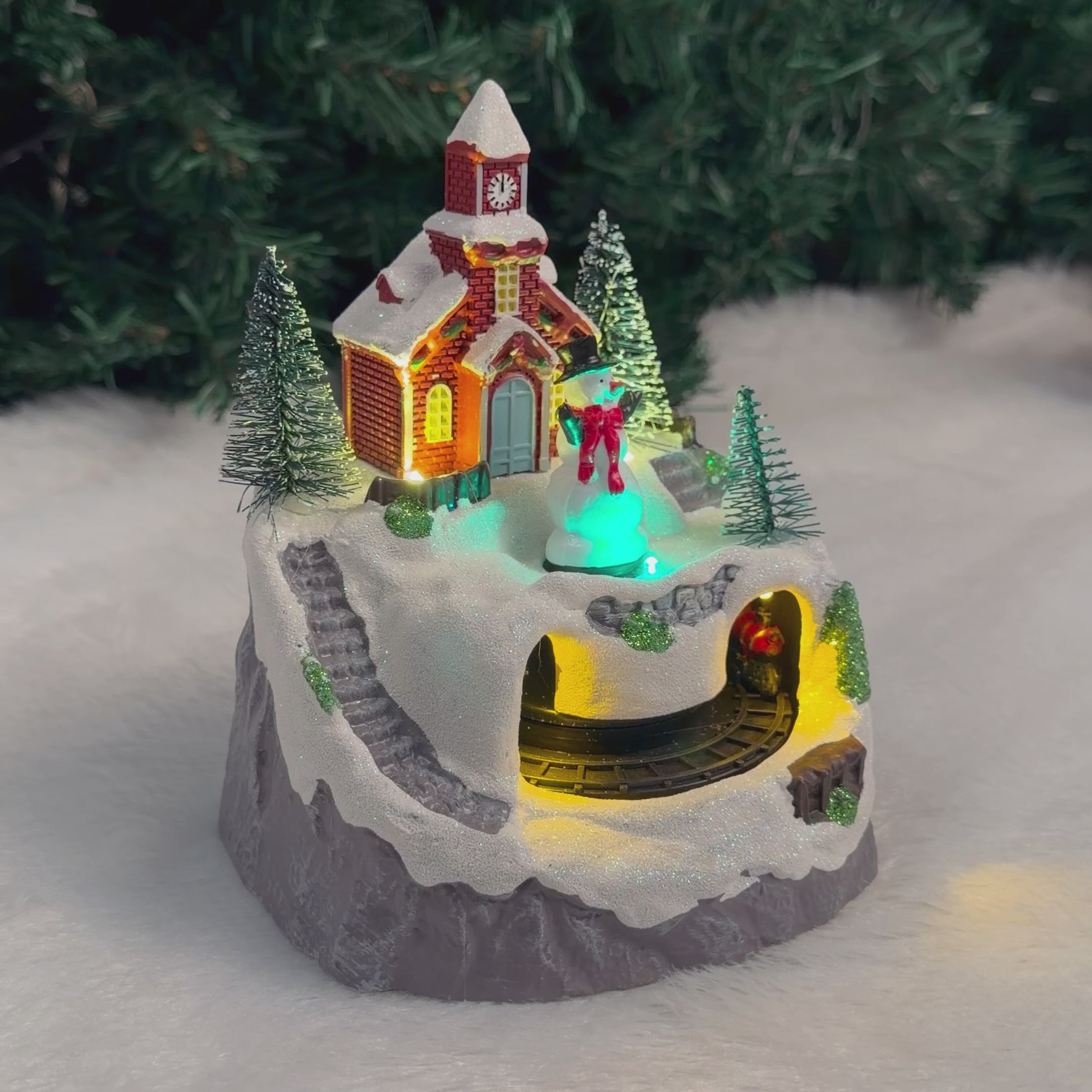 Rotating Train Snowman Mountain Top