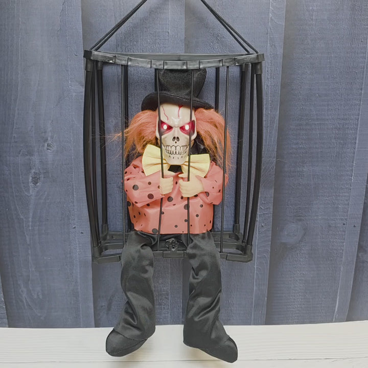 Animated Hanging Skeleton Cage – Evil Jester