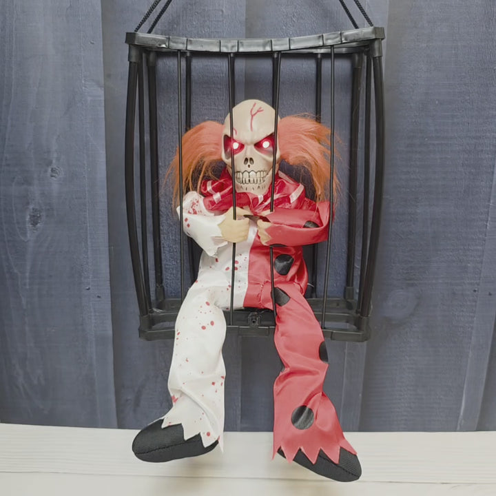 Animated Hanging Skeleton Cage – Bloody Clown