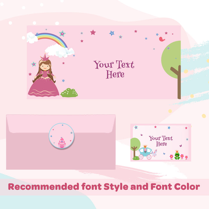 PERSONALISED GIFT ENVELOPES, CARDS & STICKERS COMBO -  PRINCESS, SET OF 130