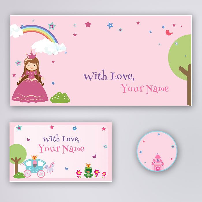 PERSONALISED GIFT ENVELOPES, CARDS & STICKERS COMBO -  PRINCESS, SET OF 130