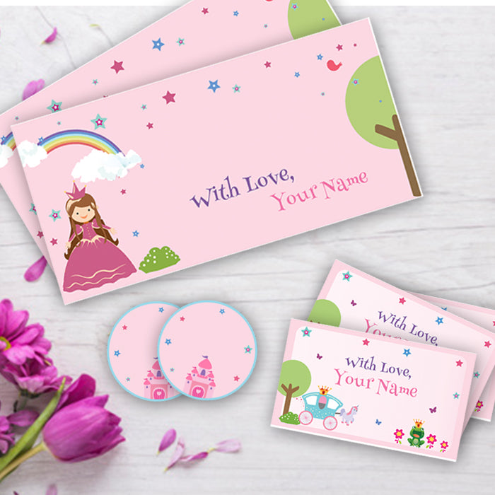 PERSONALISED GIFT ENVELOPES, CARDS & STICKERS COMBO -  PRINCESS, SET OF 130
