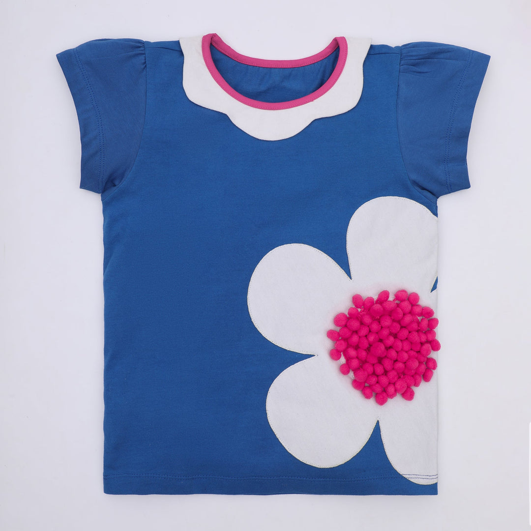 Blue Floral Pom Pom Top