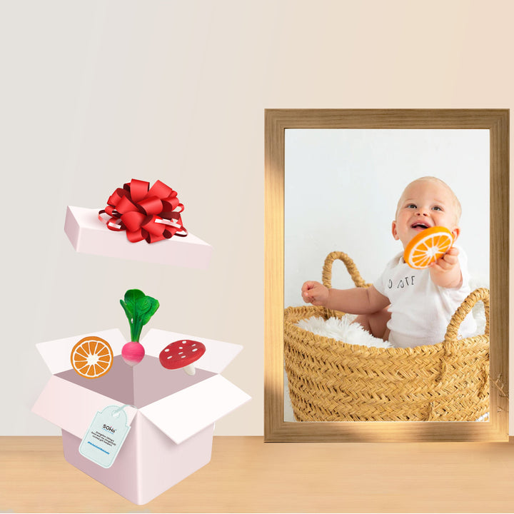 Oli & Carol Ramona The Radish + Clementino The Orange Natural Rubber Teether+Spotty The Mushroom Chewy Teether