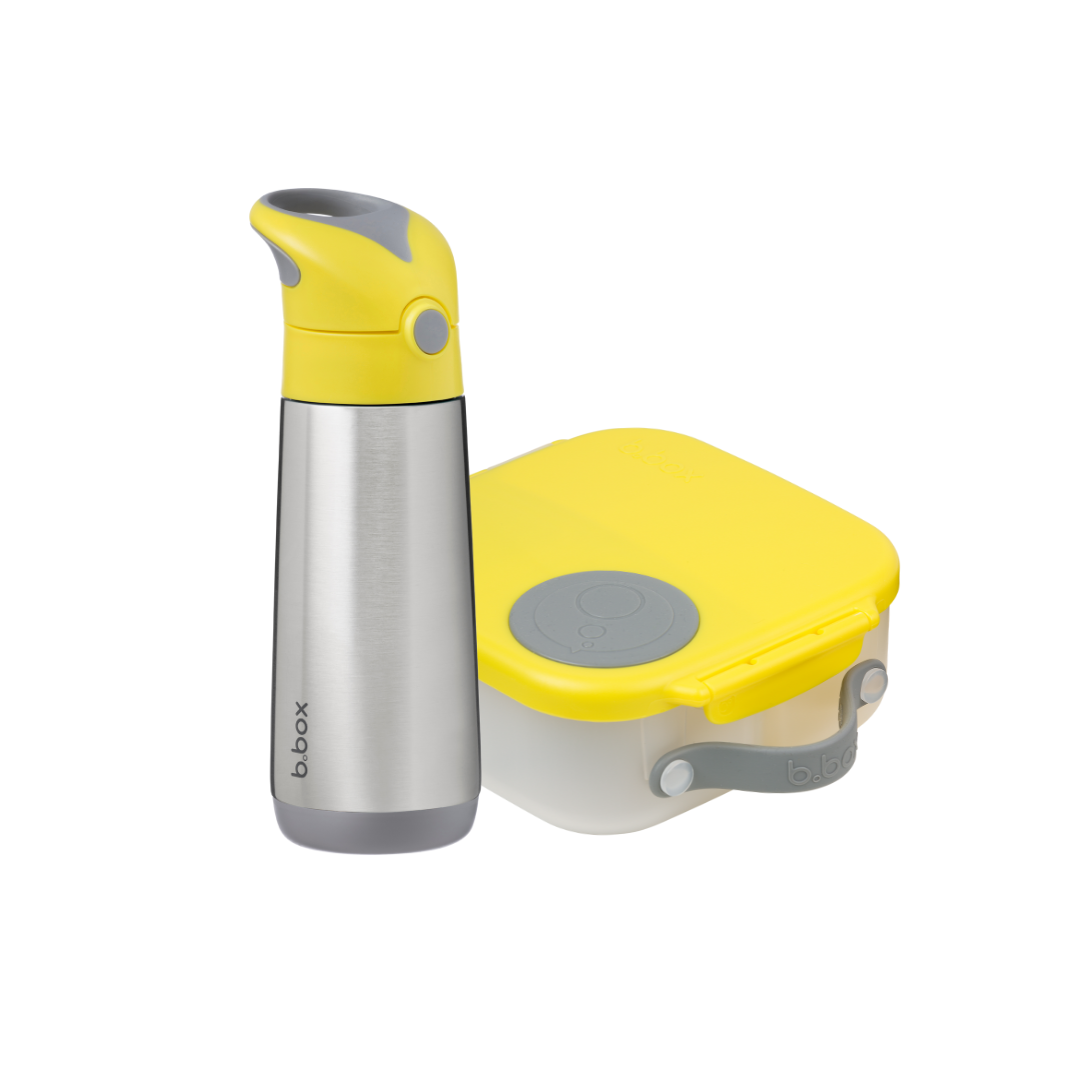 B.Box Golden Ager Combo - Insulated Straw Sipper 500ml & Mini LunchBox Yellow Grey