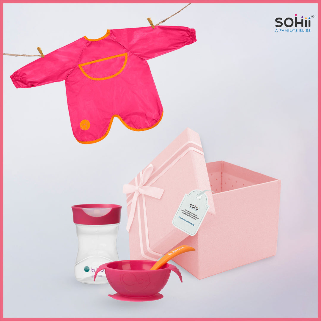 B.Box Smock Bib + Training Cup 240ml +  Silicone Suction Feeding Bowl Set with Spoon Strawberry Shake Pink Orange
