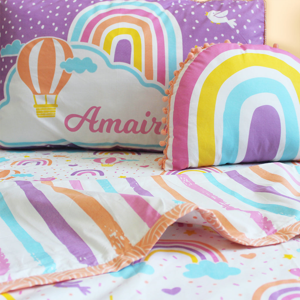 Over the Rainbow Bundle of Joy Single/Double Bedsheet with Pillow Cover, Reversible Blanket & Cushion - (Can be Personalised)