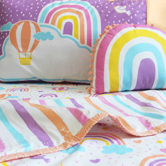 Over the Rainbow Bundle of Joy Single/Double Bedsheet with Pillow Cover, Reversible Blanket & Cushion - (Can be Personalised)