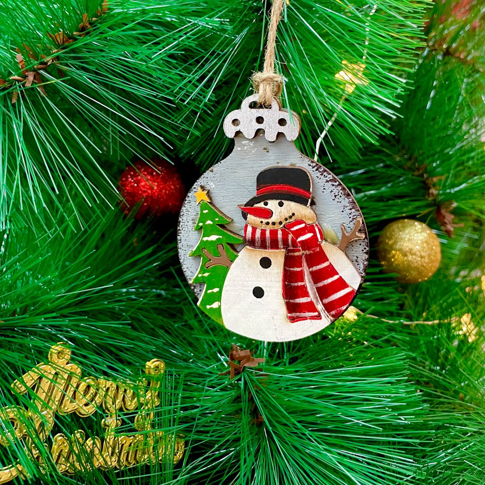 Wooden Ho Ho Ho Ornament - Snowman