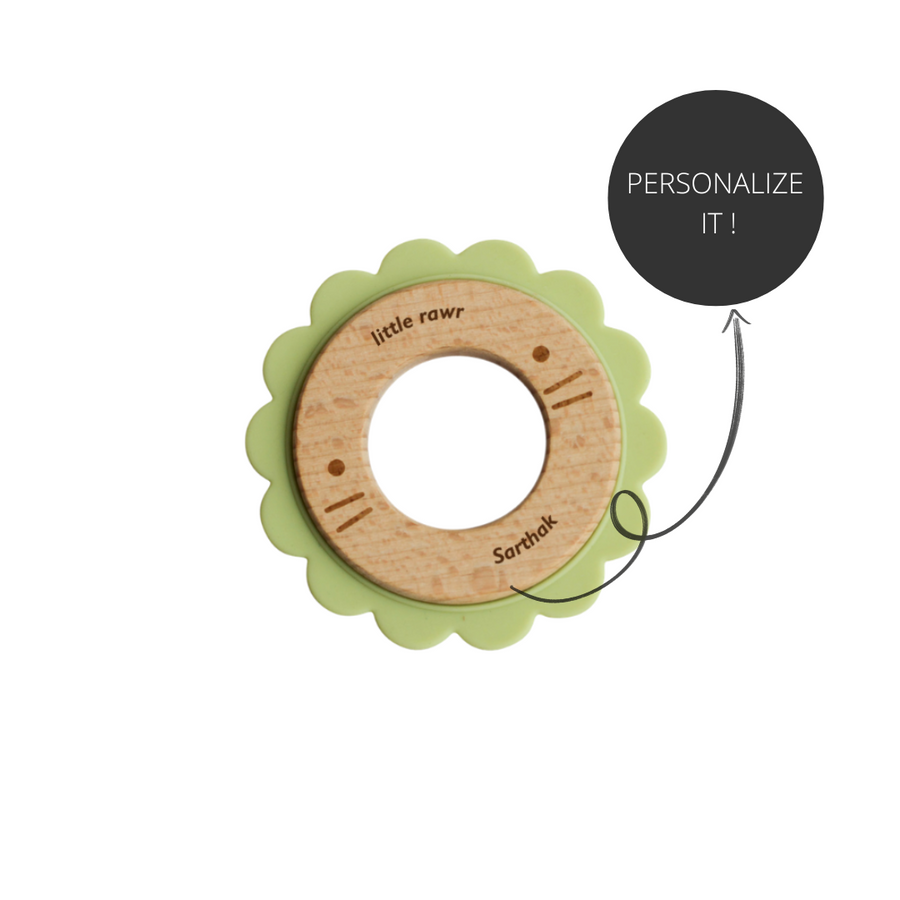Little Rawr Wood + Silicone Disc Teether- LION Shape- Green - Sohii India