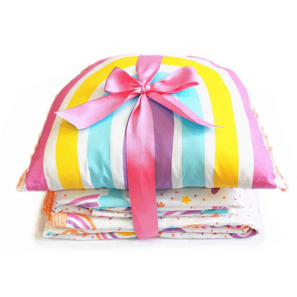 Over the Rainbow Bundle of Joy Single/Double Bedsheet with Pillow Cover, Reversible Blanket & Cushion - (Can be Personalised)
