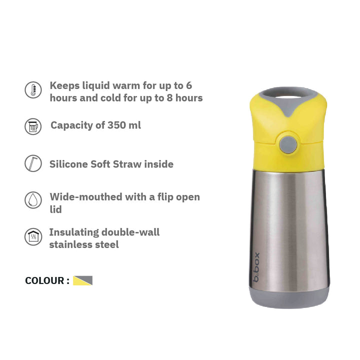b.box Insulated Straw Sipper Drink Water Bottle 350ml- Lemon Sherbet Yellow Grey - Sohii India