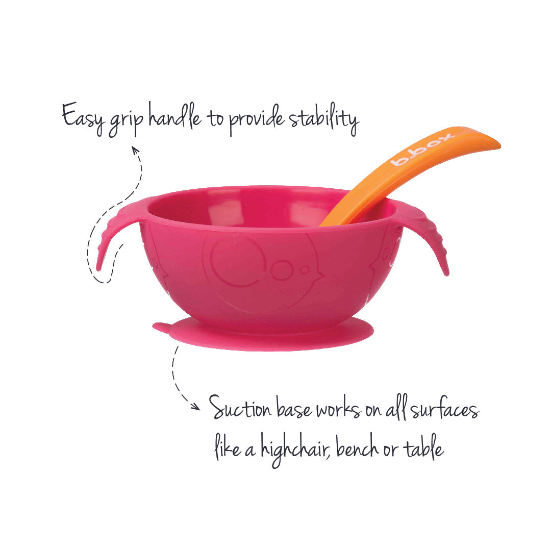 B.Box Soft Spout Cup + Silicone Suction Feeding Bowl Set with Spoon  Strawberry Shake Pink Orange