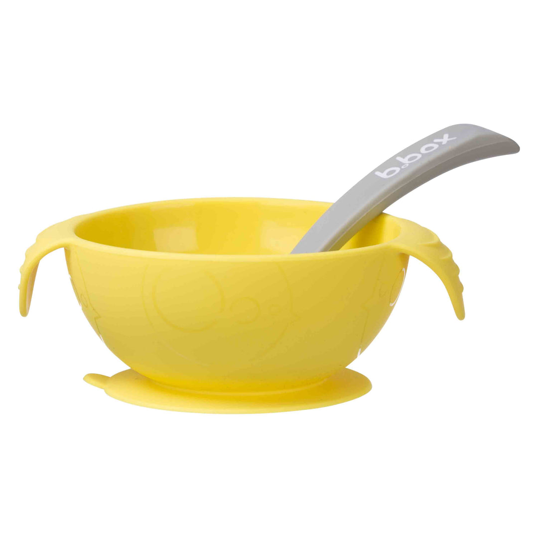 B.box Silione First Feeding Bowl Set with Spoon - Lemon Sherbet Yellow Grey - Sohii India