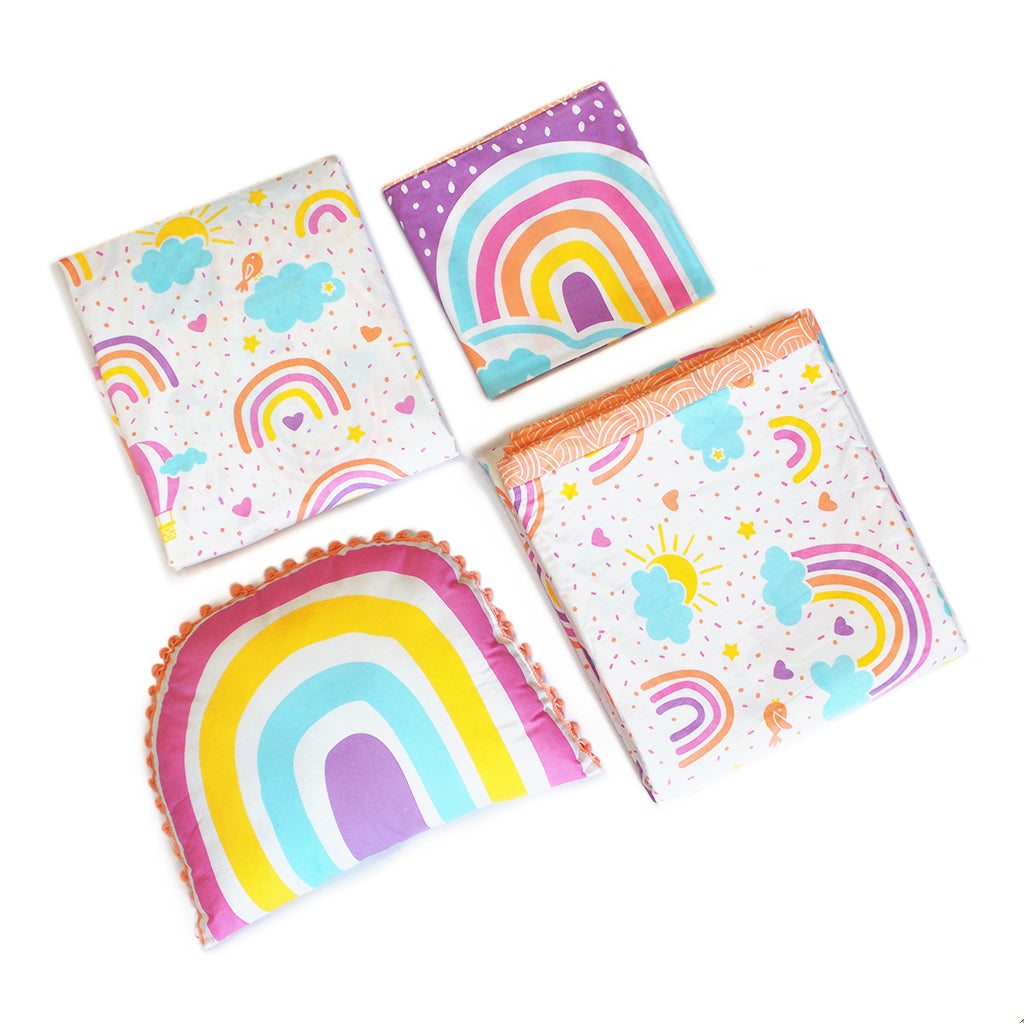 Over the Rainbow Bundle of Joy Single/Double Bedsheet with Pillow Cover, Reversible Blanket & Cushion - (Can be Personalised)