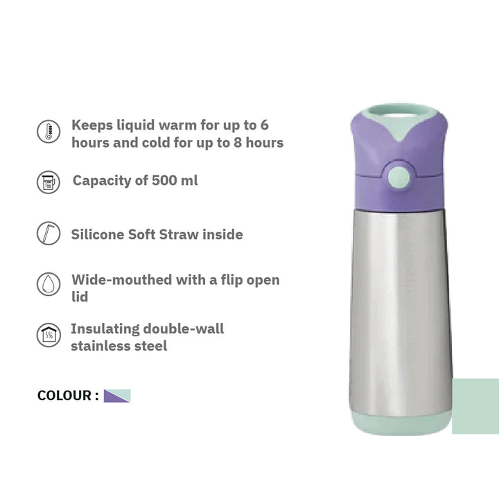 Insulated Straw Sipper Drink Water Bottle 500ml Lilac Pop Purple