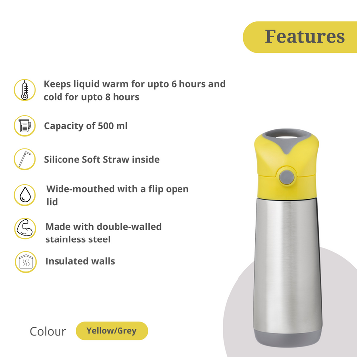 B.Box Golden Ager Combo - Insulated Straw Sipper 500ml & Mini LunchBox Yellow Grey