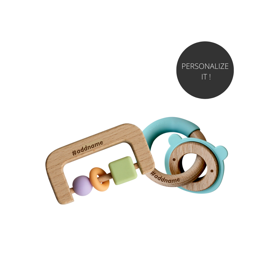 Little Rawr - Wood + Silicone Disc & Ring Teether & D Shape Teether Combo - Blue - Sohii India