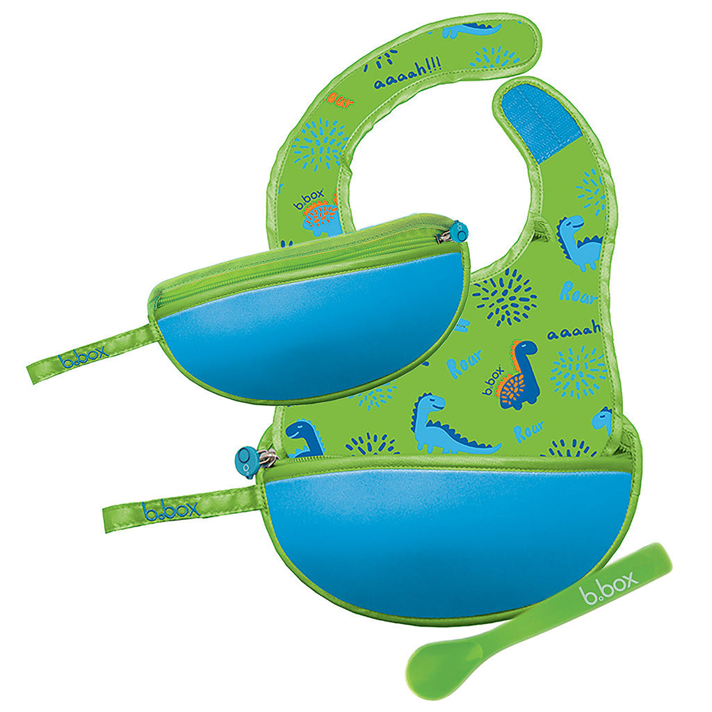 B.box Travel Bib & Flexible Soft Bite Spoon Set Dino Time Blue Green - Sohii India