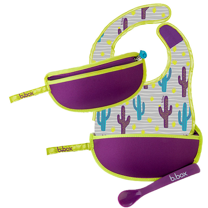 B.box Travel Bib & Flexible Soft Bite Spoon Set Cactus Capers Purple Grey - Sohii India