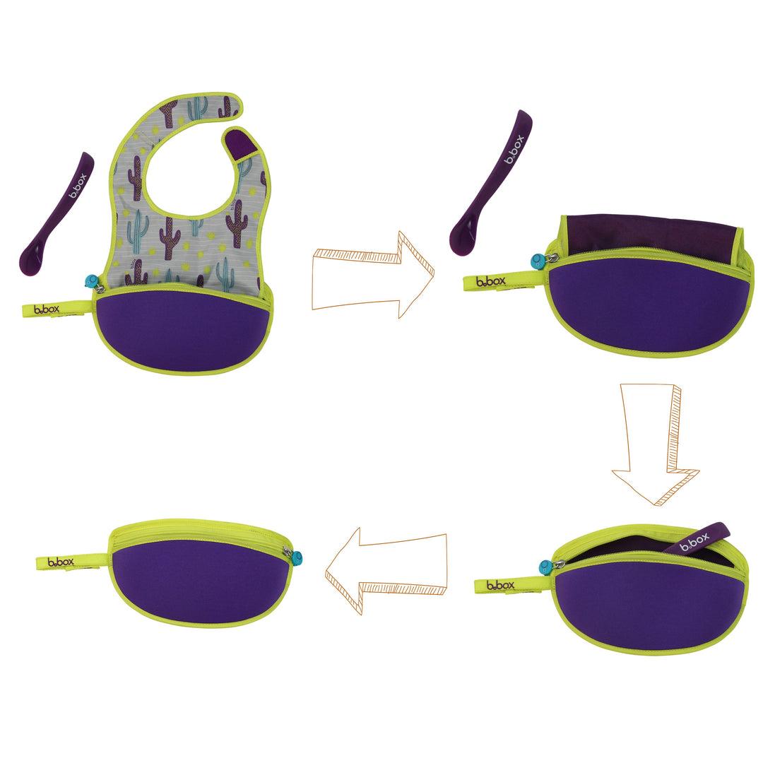 B.box Travel Bib & Flexible Soft Bite Spoon Set Cactus Capers Purple Grey - Sohii India